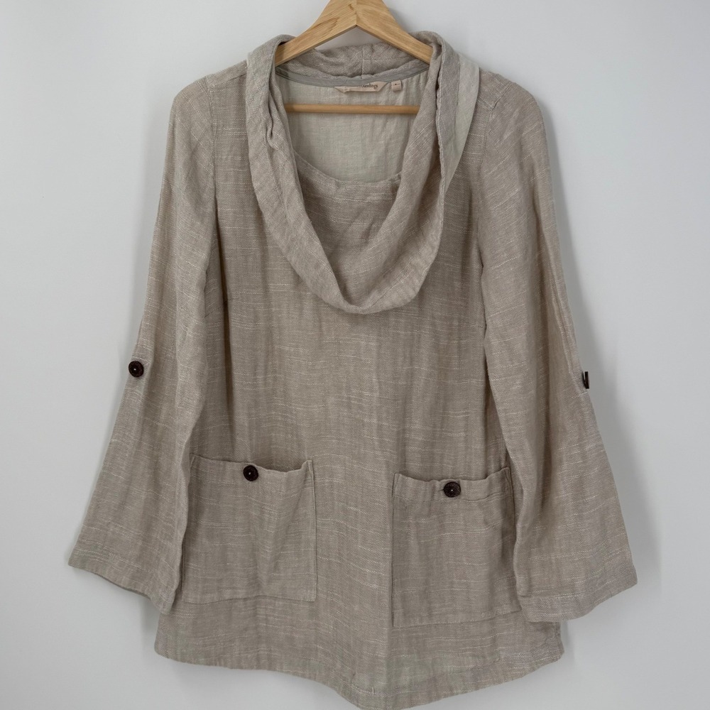 Soft Surroundings Womens Beige Linen Blend Cowl Neck Roll Tab Tunic Top 2FJ62 S